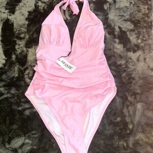 Aimage Ruched One Piece Swimsuit Womens Small Pink Tummy Control Halter Neck